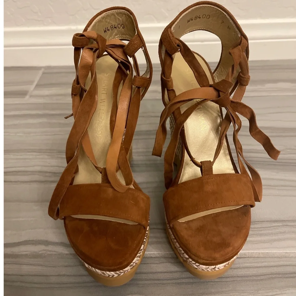 Stuart Weitzman Brown Suede Wedge Sandals - Picture 2 of 13